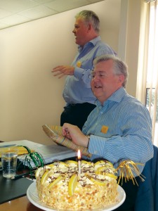 Joe  Foley, Factory Manager of Intel Ireland and chairman of ICMR board in  full flow of thanks to Jim Lawler of Enterprise Ireland (seated). Jim  retires this month - but is expected to stay abreast of the ICMR and its  forward activities.